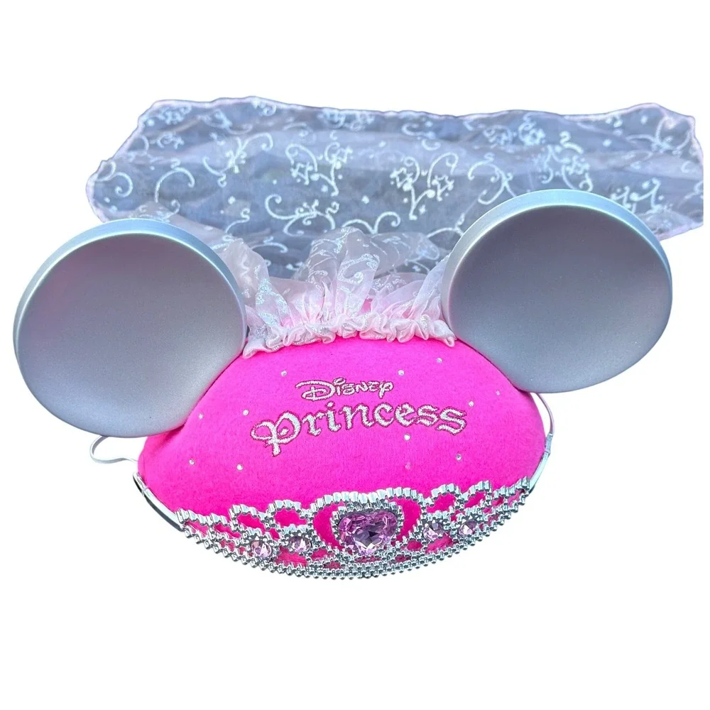 Disney Princess Mickey Ear Hat Girls One Size Pink Tiara Veil Rhinestone Costume